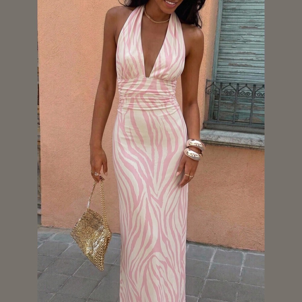Pink Zebra Print Halter Ruched Waist Maxi Dress